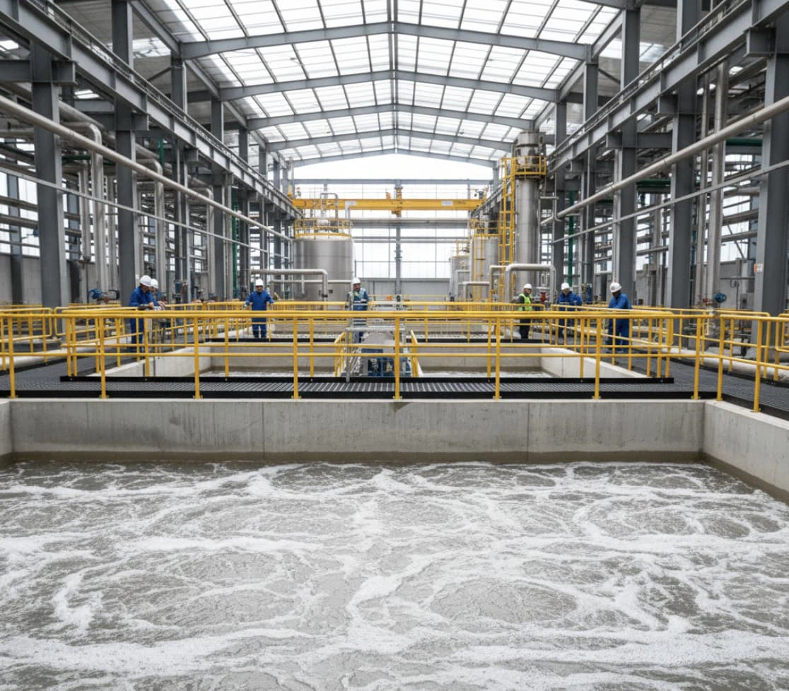 FRP grating platform in wastewater treatment facility FRP grating platform in wastewater treatment facility