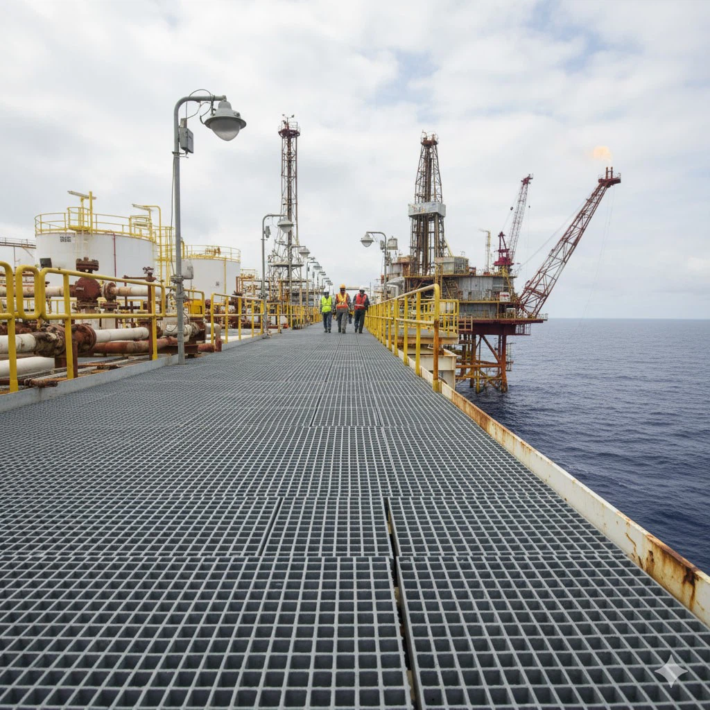 FRP pultruded grating used on an offshore oil platform FRP pultruded grating used on an offshore oil platform